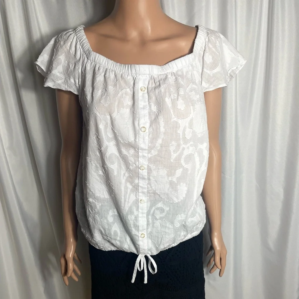 Laundry By Shelli Segal White Textured Cotton Blouse Flutter Sleeve Small - Picture 1 of 11